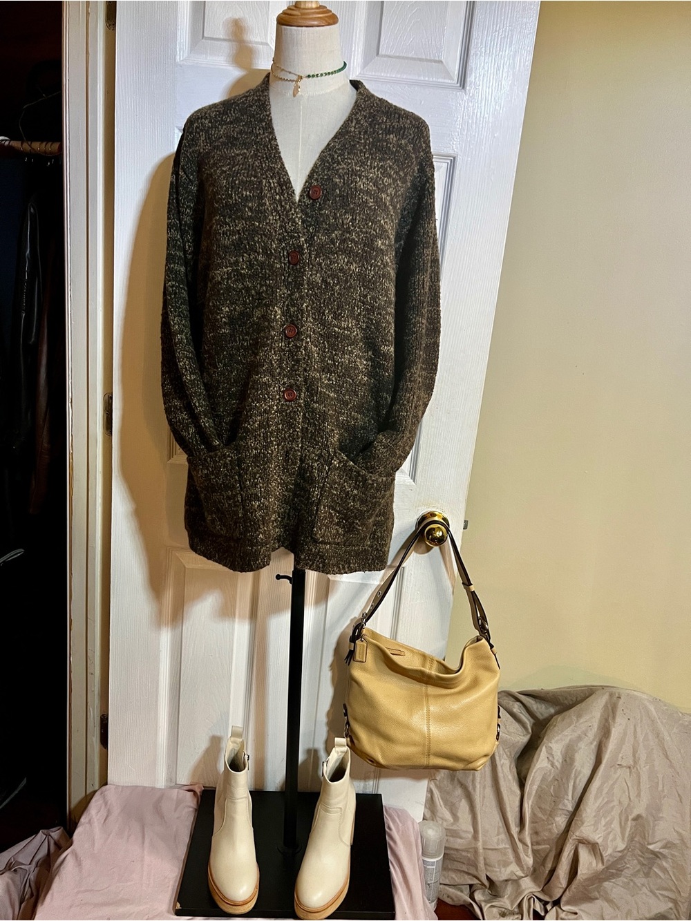 Karen Scott Vtg Wms‎ Brown Tan Chunky Wool Blend Knit Cardigan L